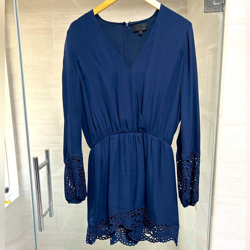 Intermix deep blue romper with embroidered sleeves, size 4